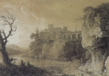 川と要塞化された村のある風景（木炭と紙に白いチョーク）